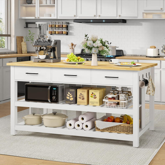 60" Solid Rubberwood Kitchen Island with Power Outlets - Extra Large Work Surface, 3 Drawers & 2 Open Shelves Storage Cabinet for Kitchen Dining Room, Farmhouse Style (White)