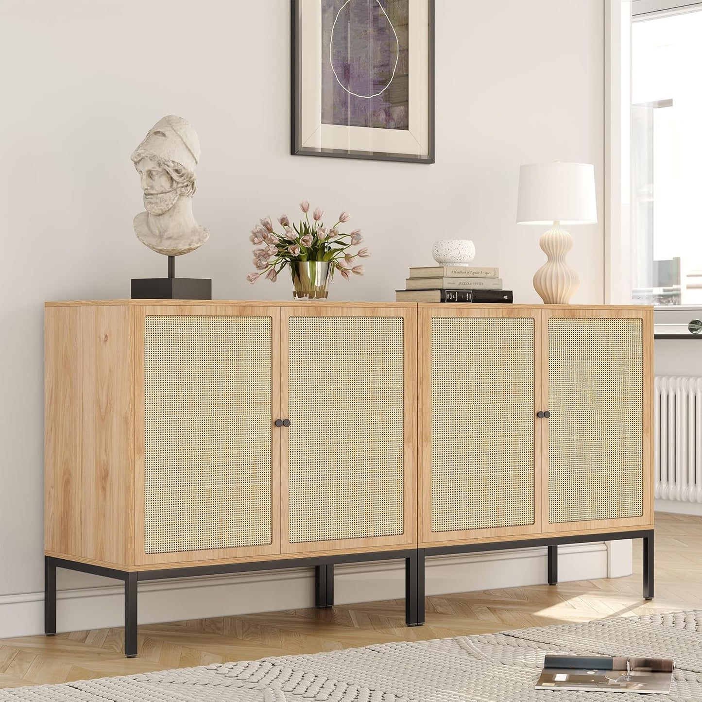 Yechen Set of 2 Rattan Sideboard Cabinets with Cane Doors, 31.5" W Boho Storage Buffet for Entryway, Kitchen, or Living Room \u2013 Natural Finish Accent Furniture