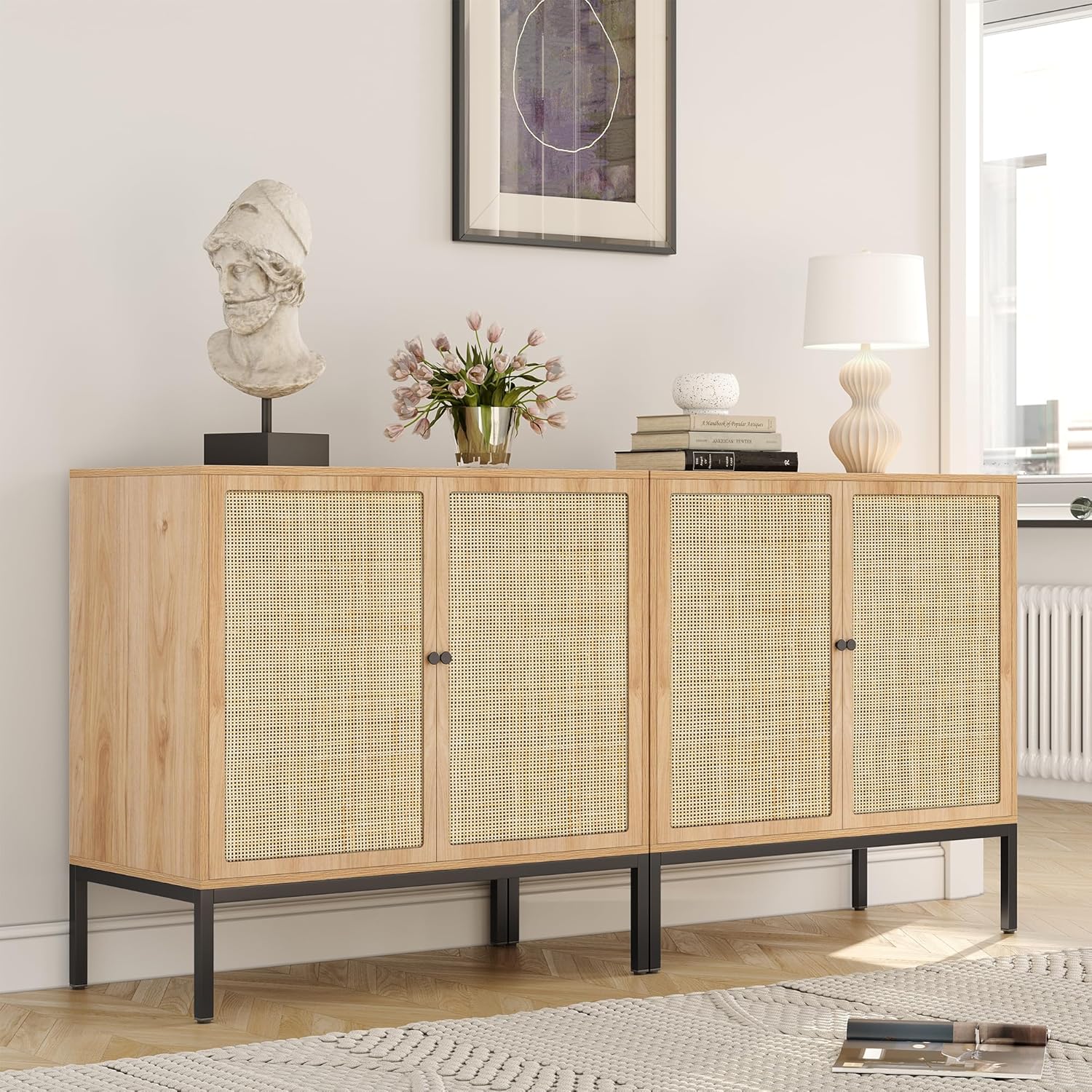 Yechen Set of 2 Rattan Sideboard Cabinets with Cane Doors, 31.5" W Boho Storage Buffet for Entryway, Kitchen, or Living Room \u2013 Natural Finish Accent Furniture