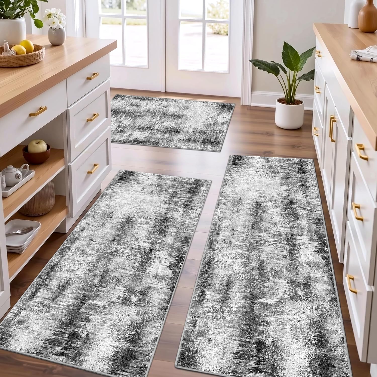 Tritard 100% Non Slip Kitchen Rugs Sets of 3 Washable Kitchen Mats for Floor Abstract Kitchen Runner Rug Soft Thick Floor Mat Set Kitchen Carpet Rugs for Hallway, Laundry, Entryway, Office, Grey