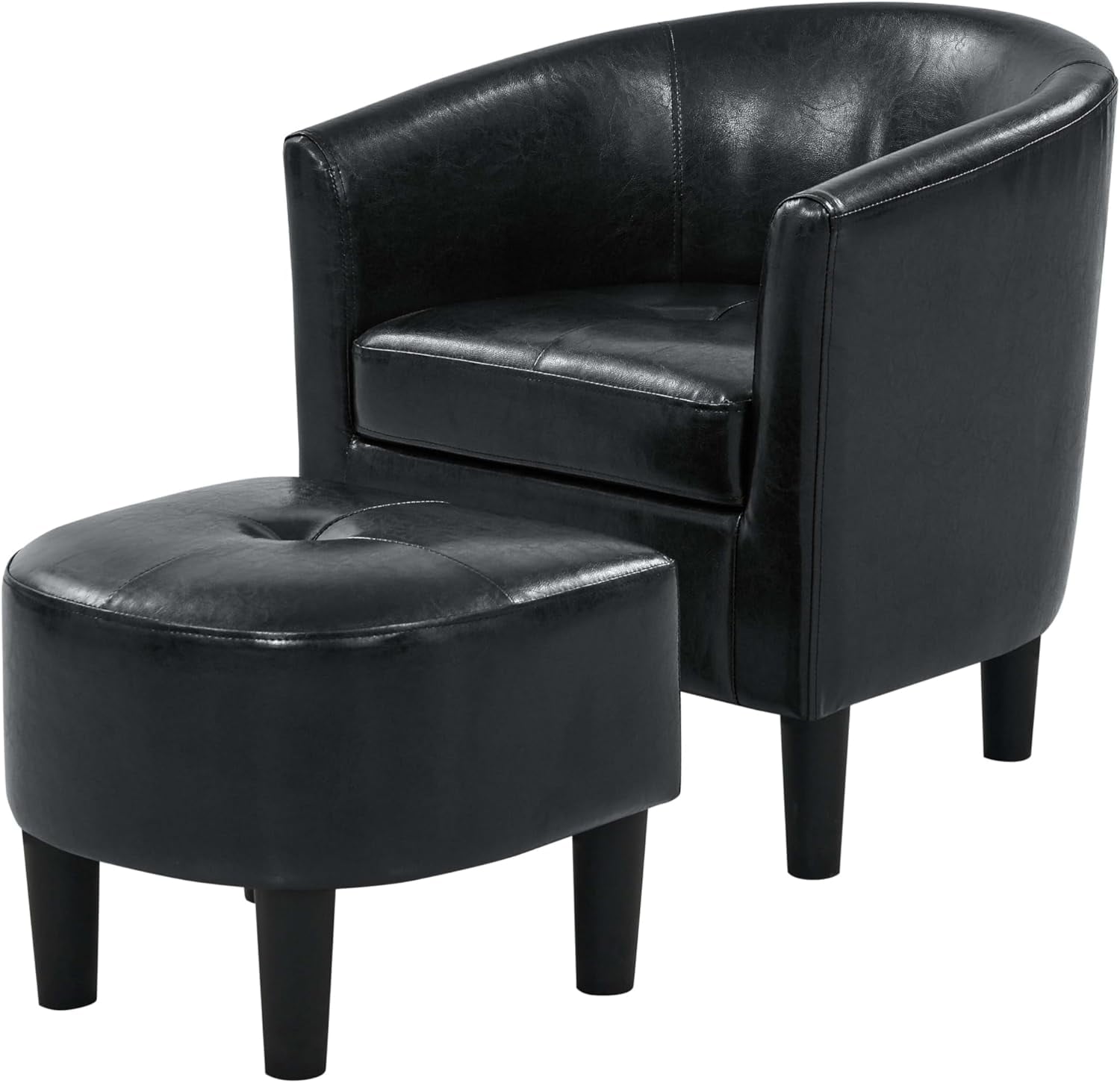 AENKYO Mid-Century Modern Accent Chair with Ottoman - Barrel Armchair & Footrest Set, Comfy Ergonomic Design for Living Room, Bedroom, Home Office - Black