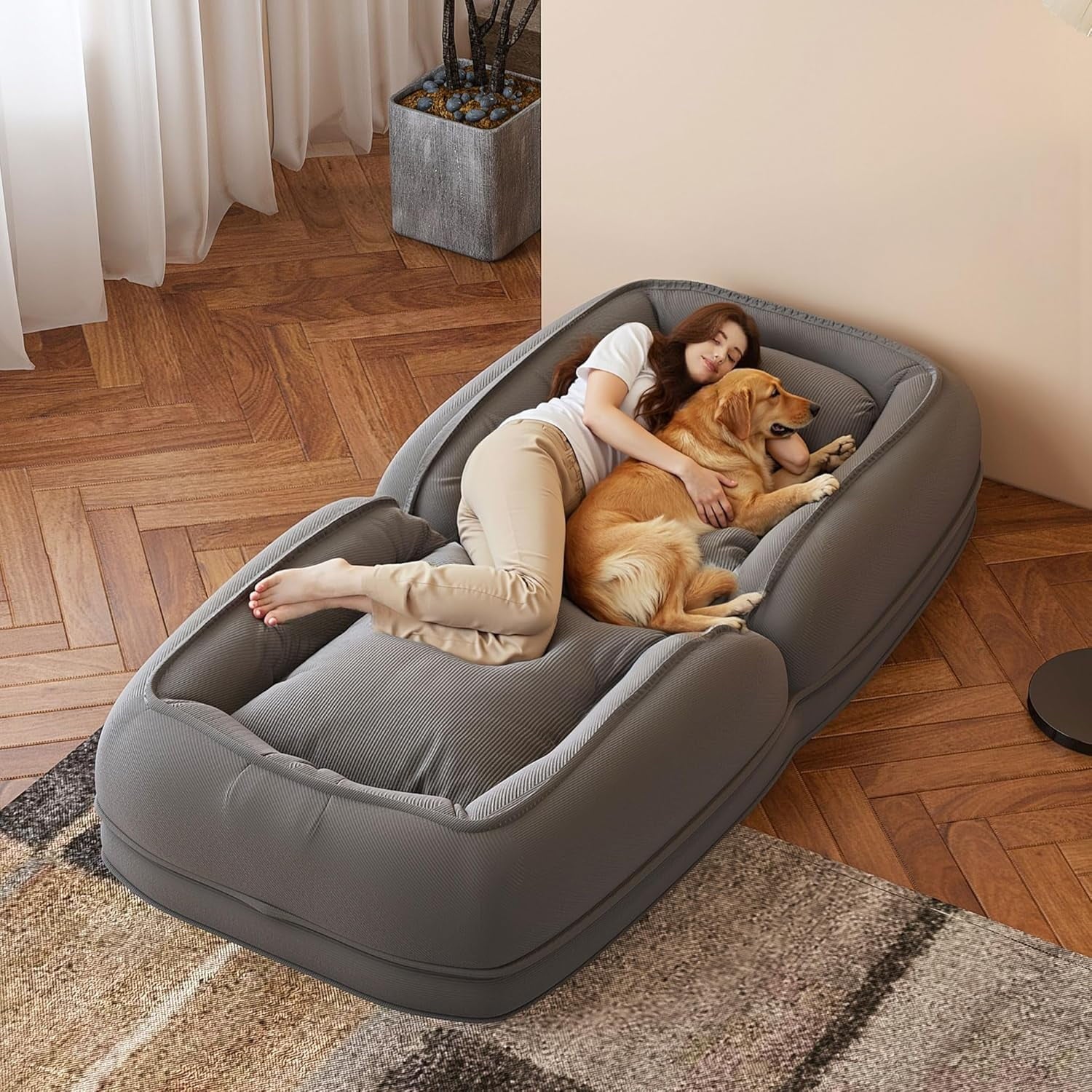 AENKYO Sofa Bed & Bean Bag Chair - Lazy Convertible Human Dog Bed for Adults/Pets with Removable Pillows - Gray
