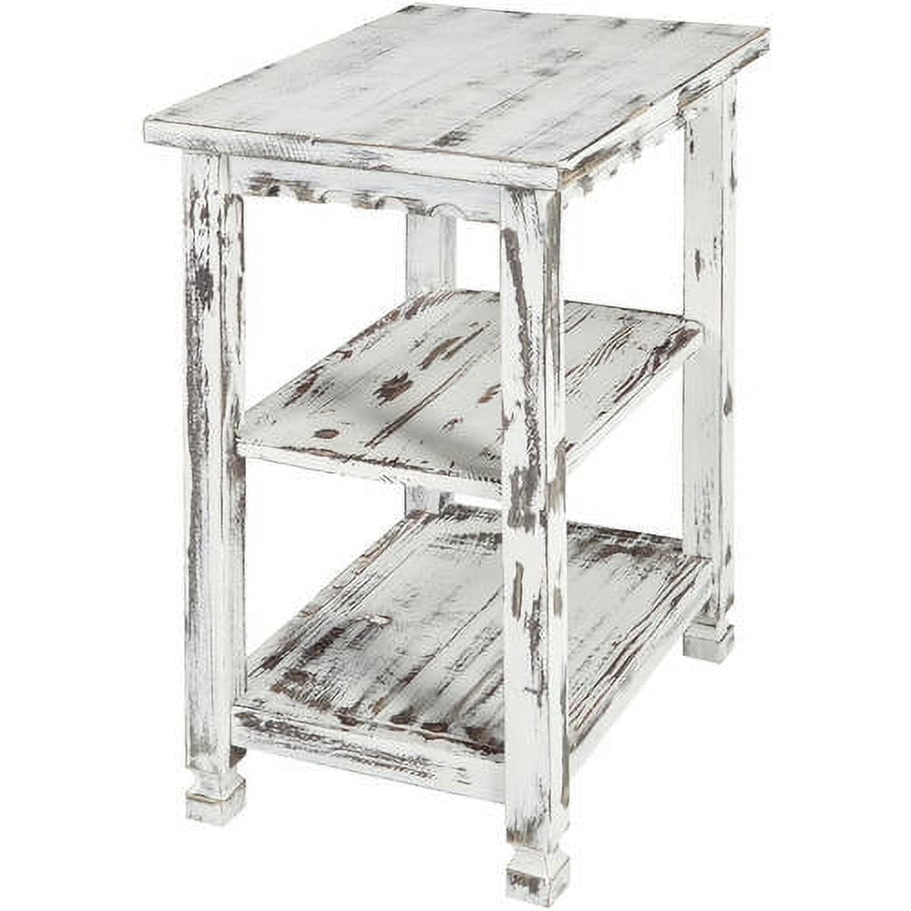 Alaterre Furniture Country Cottage End Table, Narrow Side Table with Two Storage Shelves, Rustic Farmhouse Night Stand or Living Room Furniture, White Antique Finish