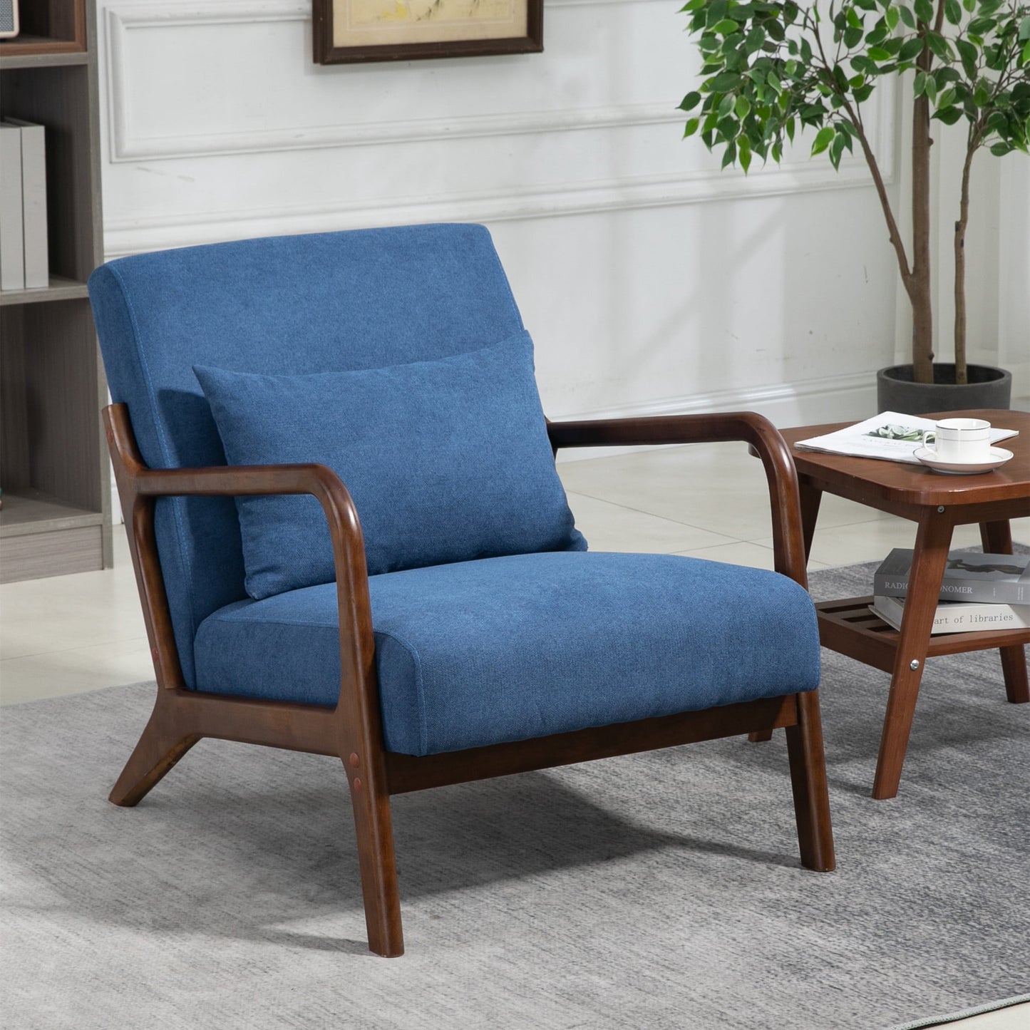 Aukfa Modern Accent Chair w/ Lumbar Pillow for Living Room, Mid Century, Wood Frame, Velvet, Blue
