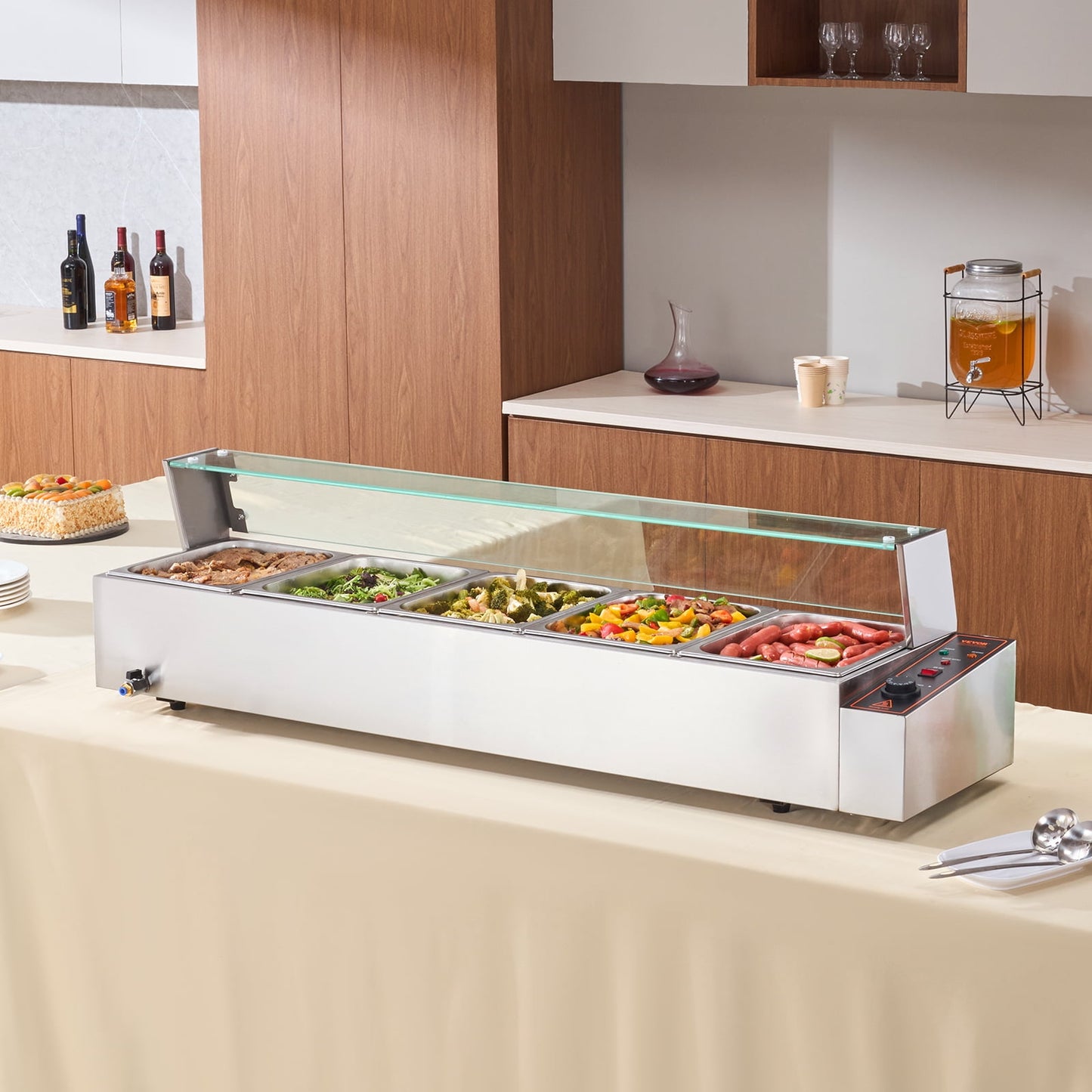 BENTISM Bain Marie Food Warmer, Commercial Food Steam Table, 5 Pans, with Glass Shield