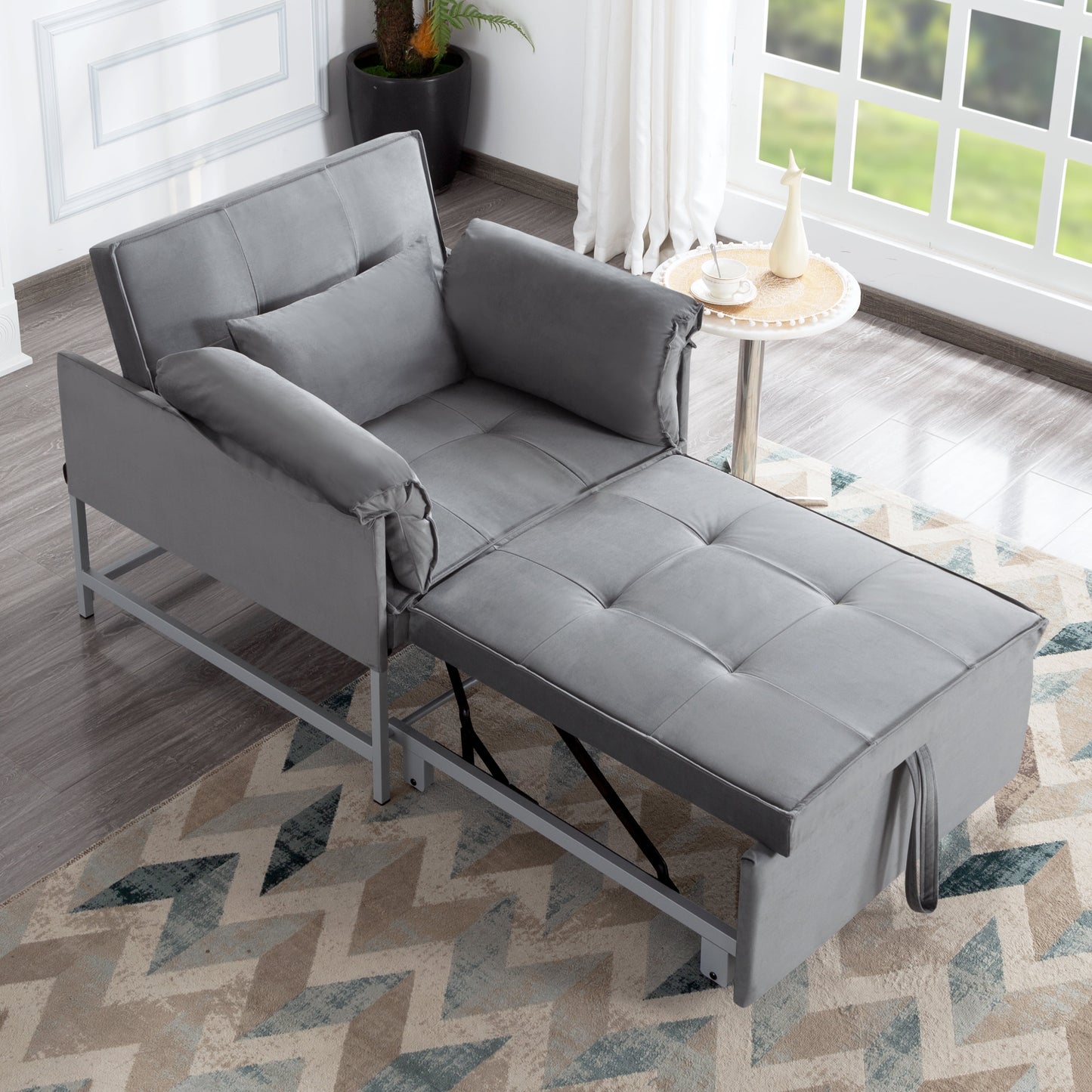 BSHTI 34.3” Convertible Pull-out Sleeper Chair,3 Angles Positions Backrest,Gray Velvet Upholstered Fold out Sleeper,Home,Office,and Guest Room
