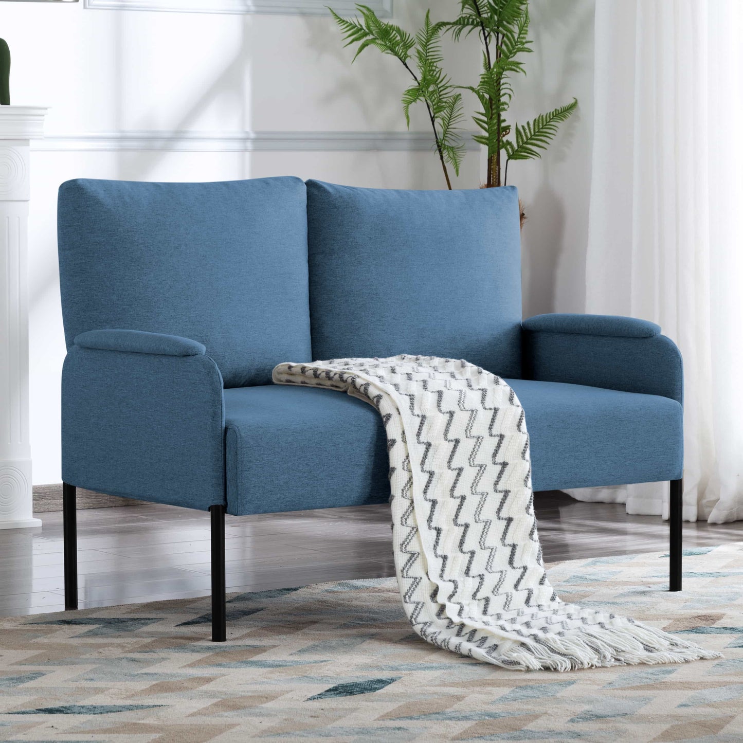 BSHTI 45.7” Cushion Back Loveseat Couch,Simple Lines Metal Frame Loveseat,Linen Blend Upholstery Couch,Fits well in Apartments or Rooms with Limited Space-Blue