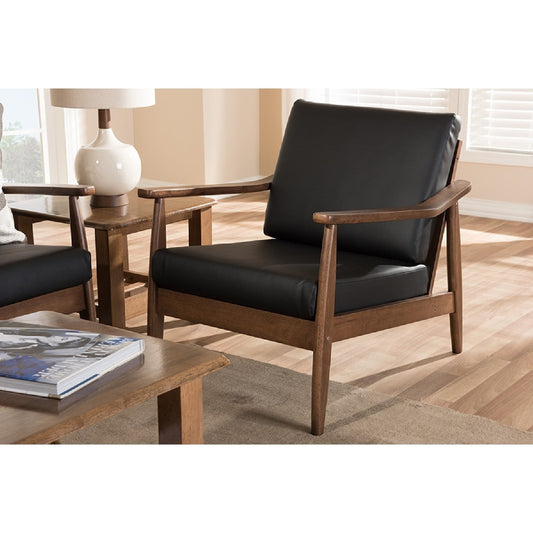 Baxton Studio Venza Mid-Century Modern Walnut Wood Black Faux Leather Lounge Chair