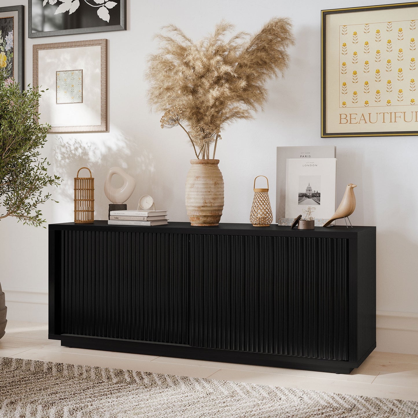 Beautiful Fluted TV Stand for TV’s up to 70” by Drew Barrymore, Warm Honey Finish