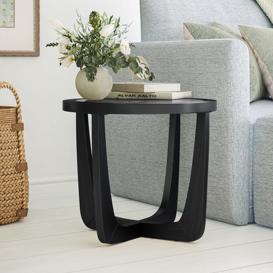 Beautiful Glass Rattan End Table, Black