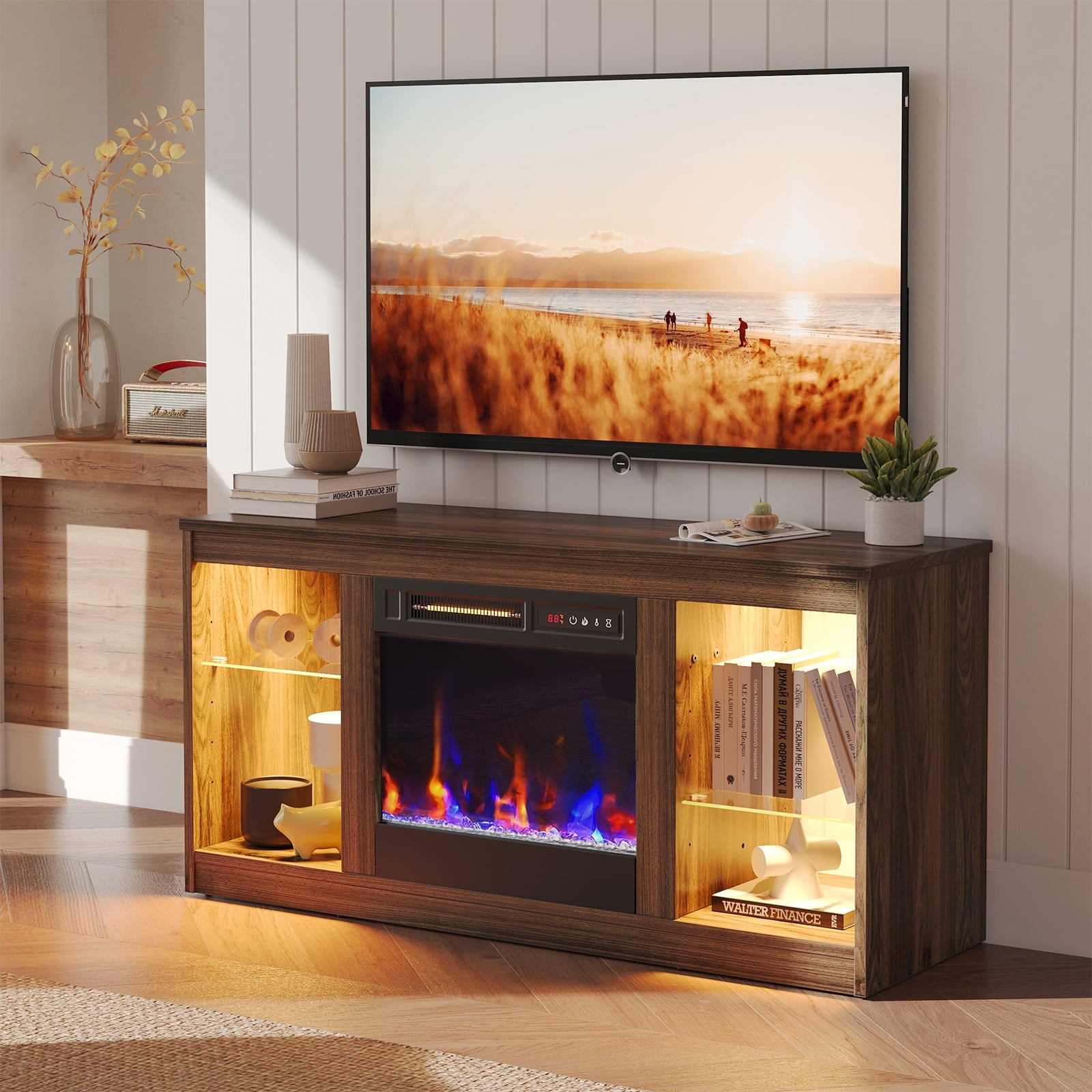 Bestier Modern Electric Fireplace TV Stand for TVs up to 55", with LED and Glass Shelves, Walnut