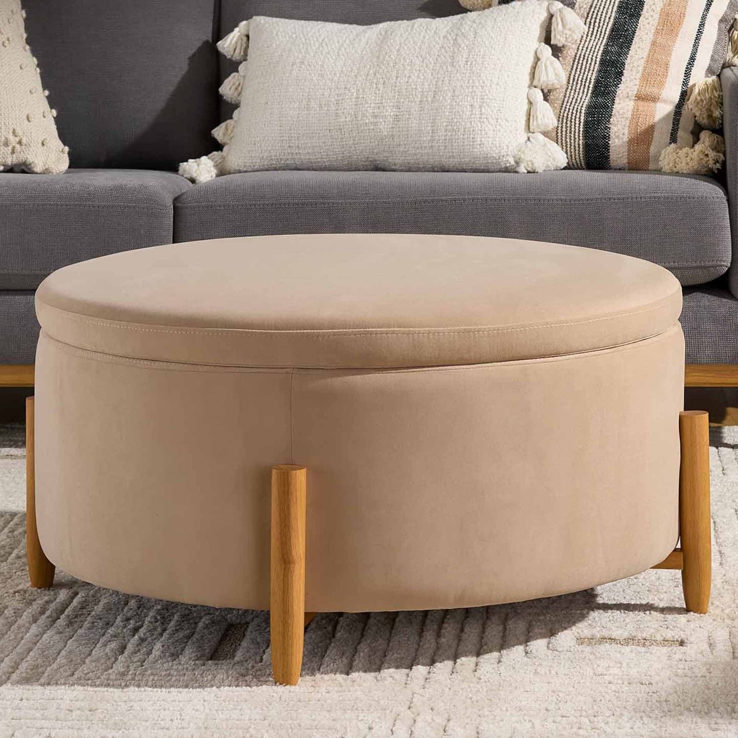 Better Homes & Gardens Springwood Round Storage Ottoman, Cream