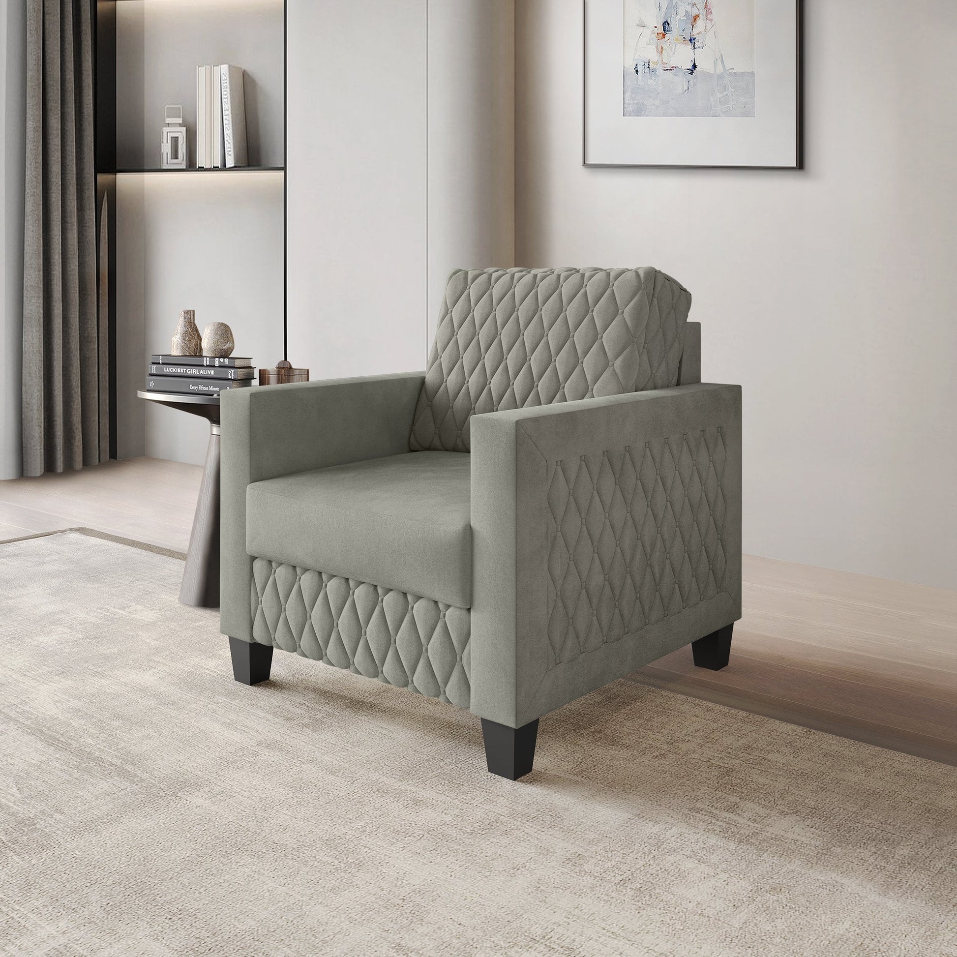 Castle Place Modern Luxe Velevet Diamond Tufted Upholstered Chair, Grey