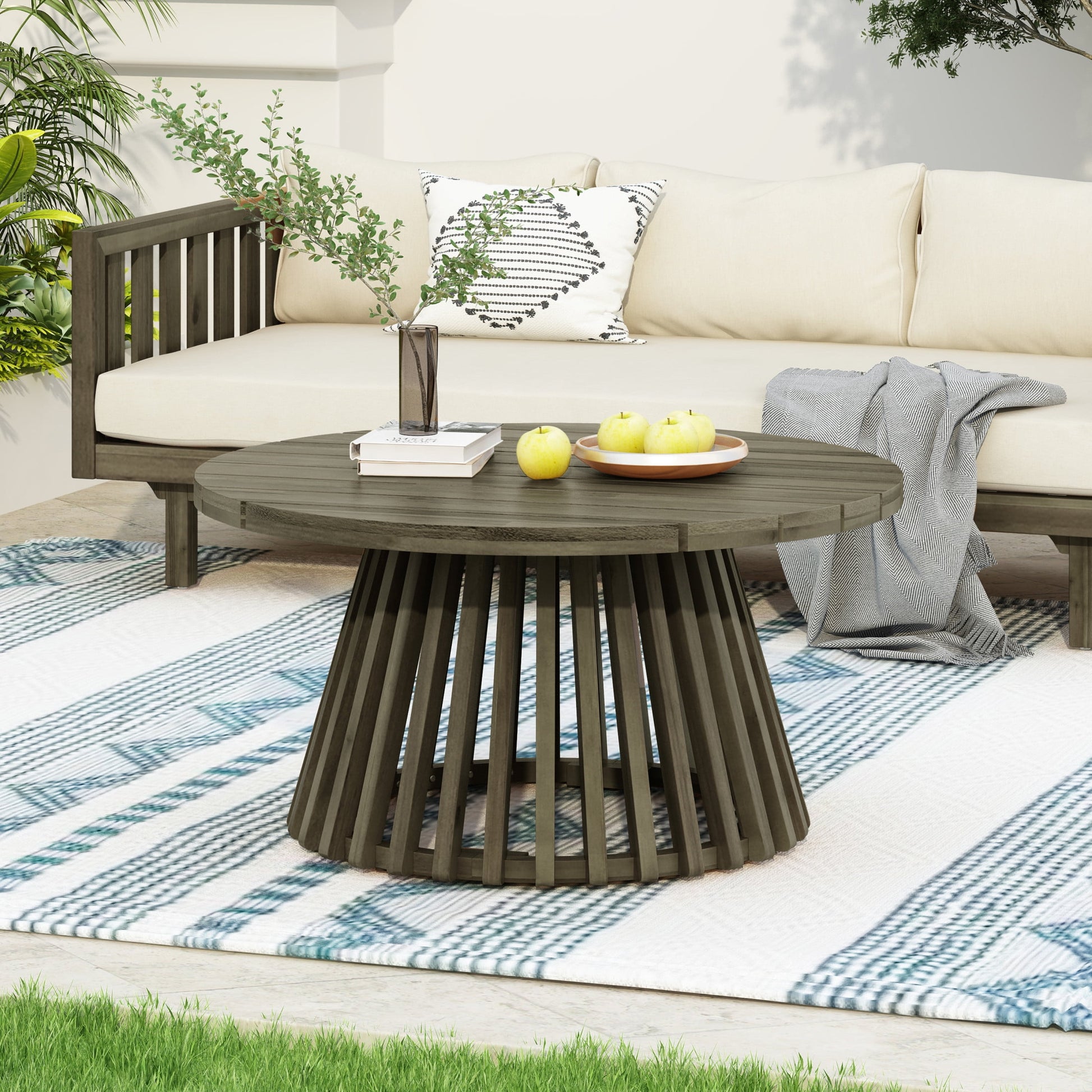 Christopher Knight Home 31.5" Outdoor Round Coffee Table, Acacia Wood Patio Table with Slatted Base, Gray