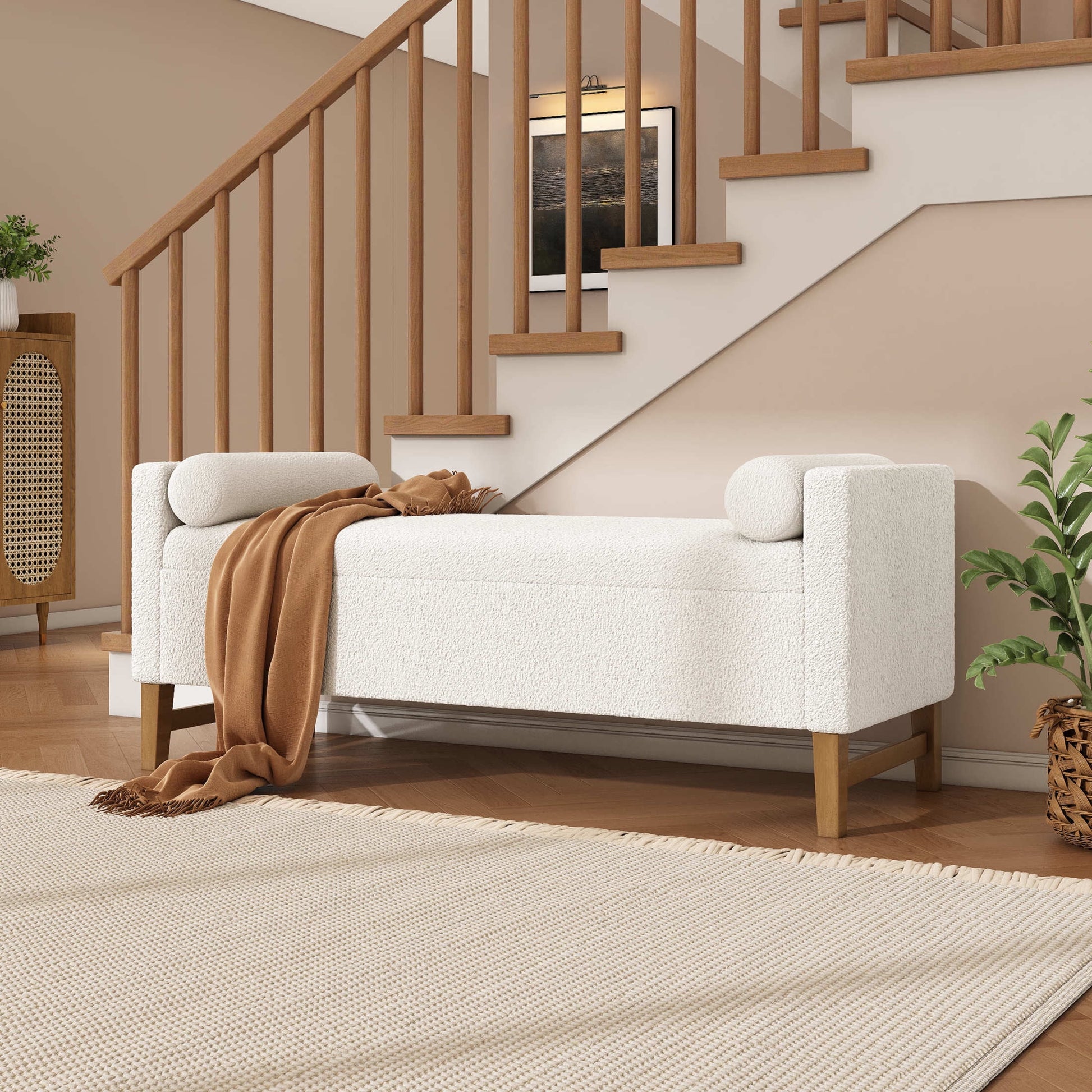 Christopher Knight Home Large Upholstered Storage Ottoman with Pillows, Ivory Boucle Fabric, Solid Wood Legs