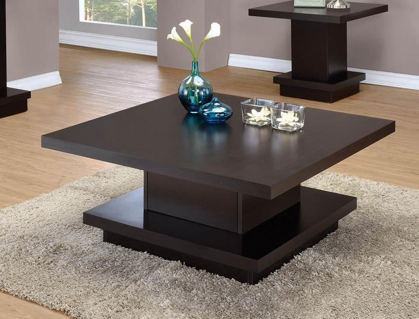 Coaster Contemporary Wood Square Pedestal Coffee Table in Cappuccino