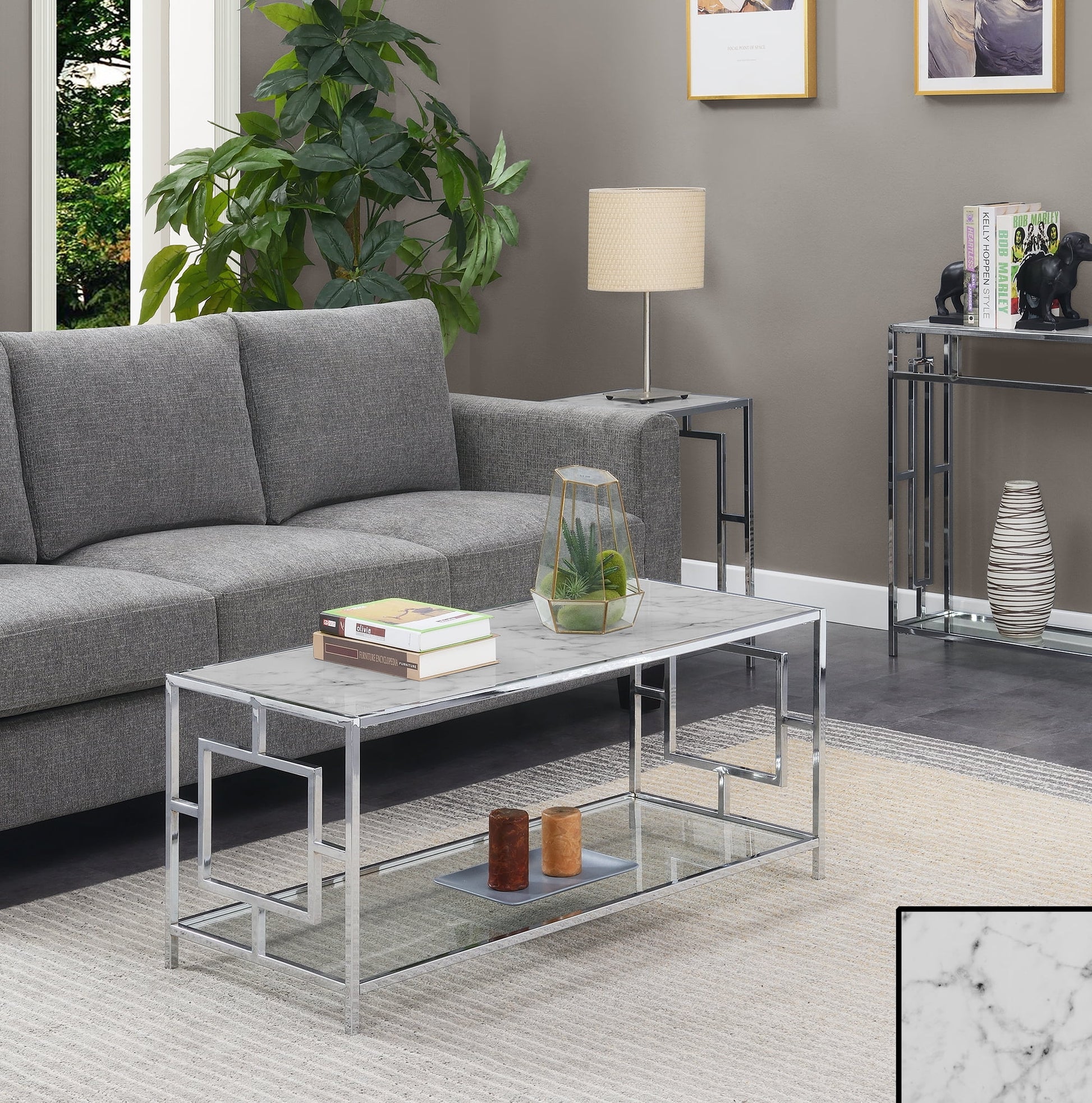 Convenience Concepts Town Square Chrome Coffee Table, Faux White Marble/Chrome Frame