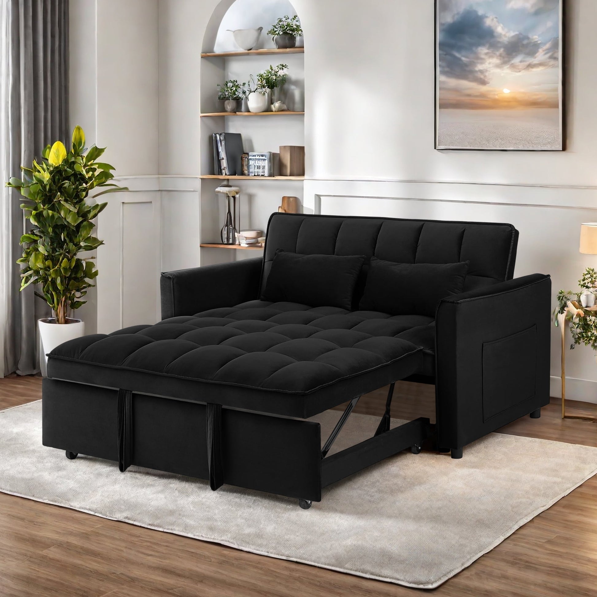 Convertible Sofa Bed,3-in-1 Sleeper Sofa with Pull Out Bed,Sleeper Futon Couch Loveseat with Adjsutable Backrest and Pillows for Living Room,Black