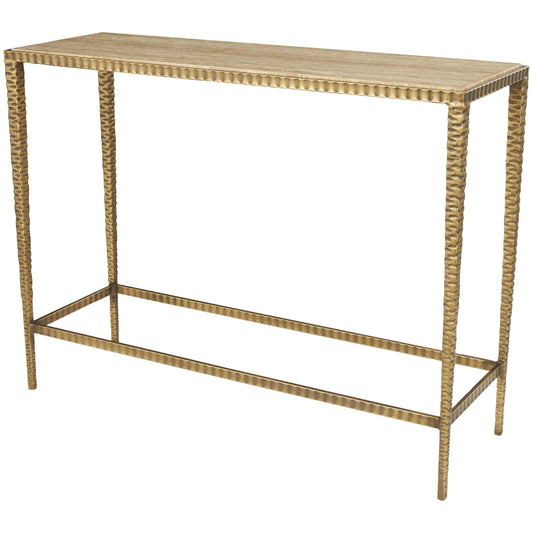 DecMode 37" x 28" Beige Marble Slim Rectangular Console Table with Hammered Gold Metal Legs, 1-Piece
