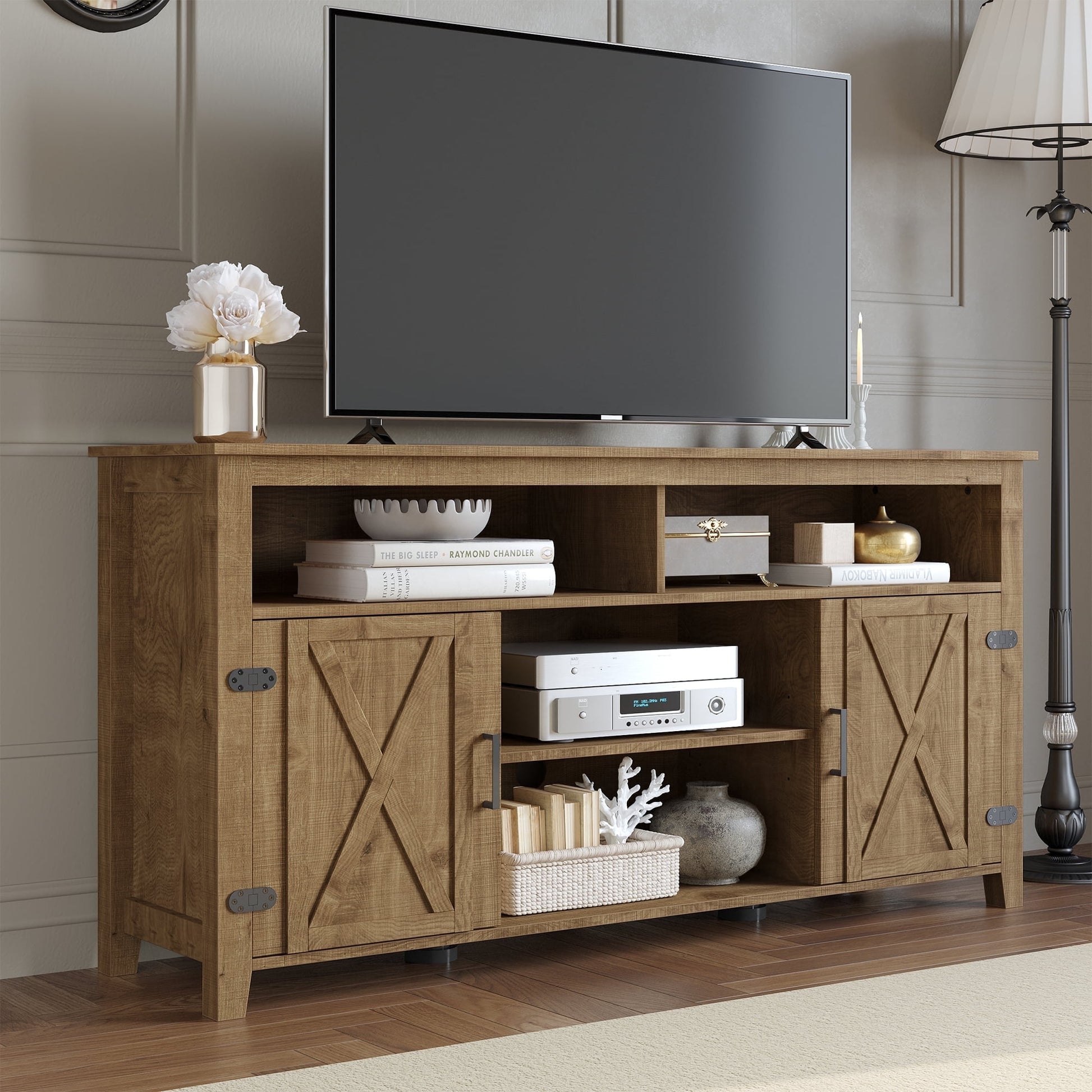 Dextrus Farmhouse TV Stand for 65-Inch TV, 4-Shelf Rustic Media Console, 2-Door Storage Cabinet, Brown