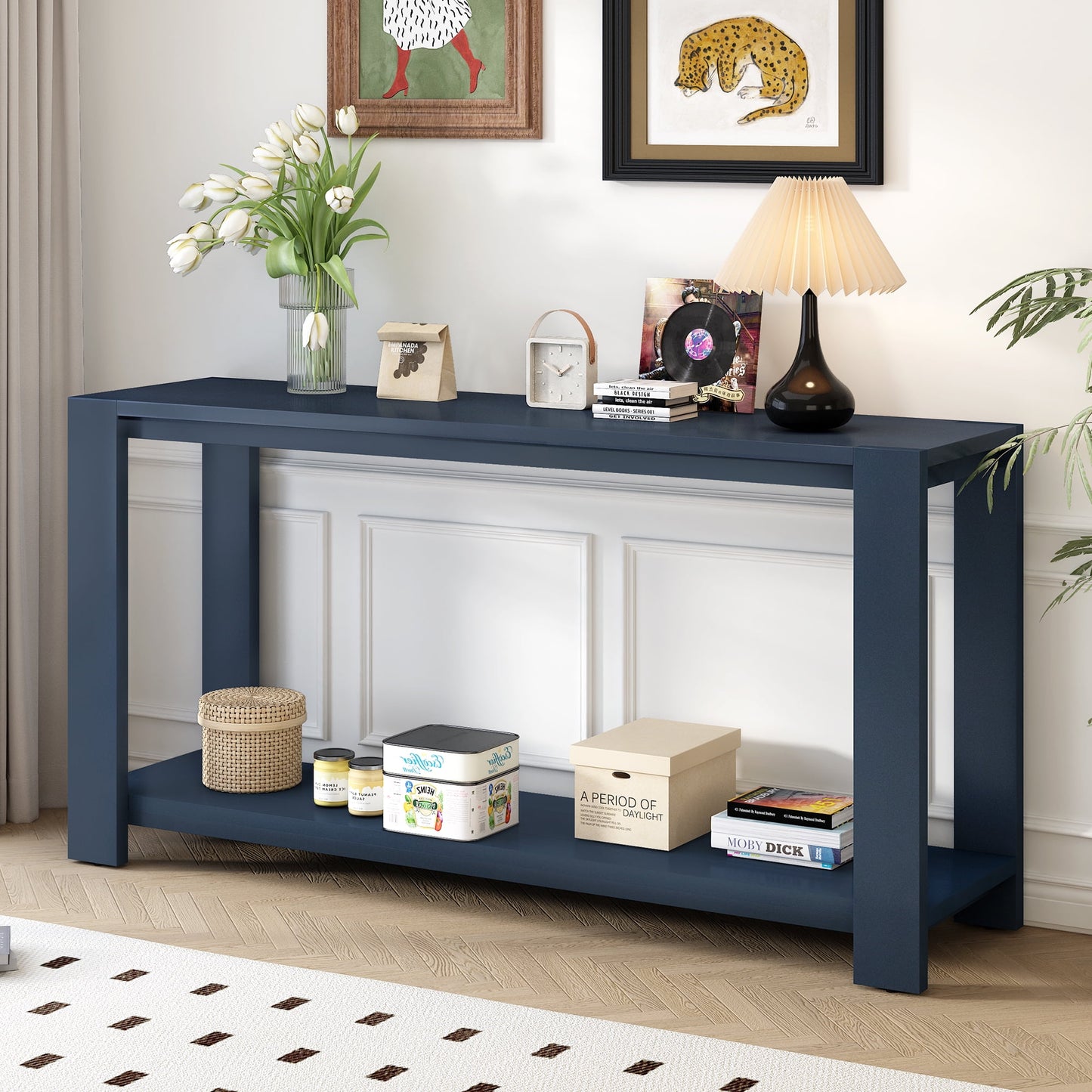 Euroco 59.8" Long Console Table, Entryway Table Narrow Sofa Behind Couch with Bottom Shelf for Foyer Hallway Living Room,Navy Blue