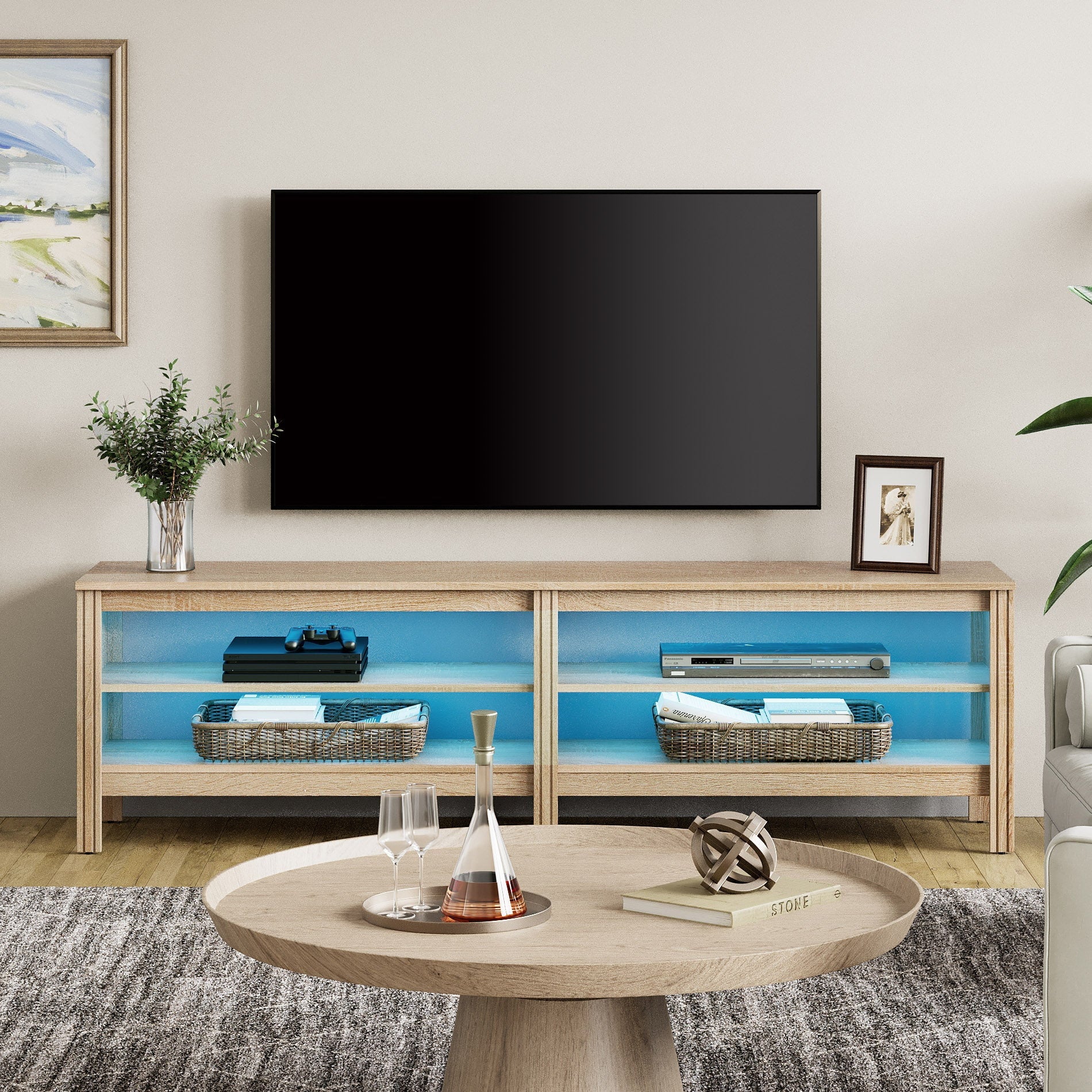 Fitueyes 70" TV Stands for TVs Up to 75 Inch, Media Console with Open Shelves & LED Light for Living Room, Oak