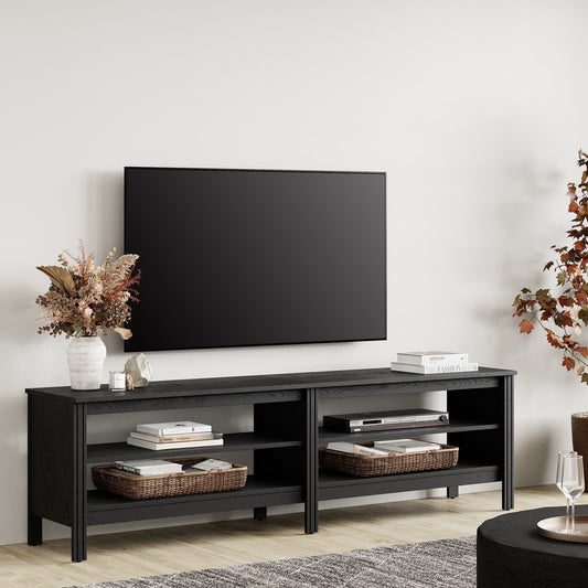 Fitueyes black TV Stand for 75 Inch TV Entertainment Center, Wood TV Table with 2 Open Shelves for Living Room, 70 inch