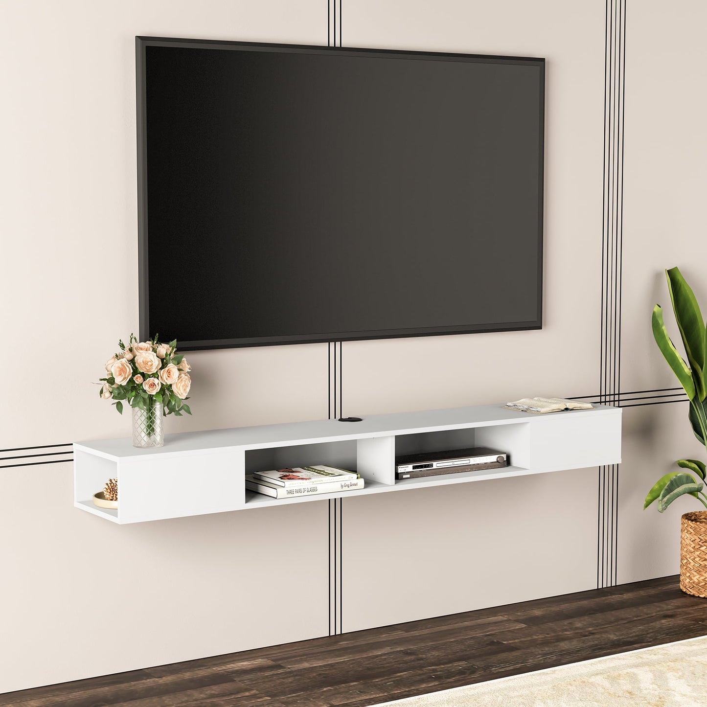 Floating TV Stand Wall Mounted for 75 Inch TV, Floating Entertainment Center Storage Shelf Living Room, White