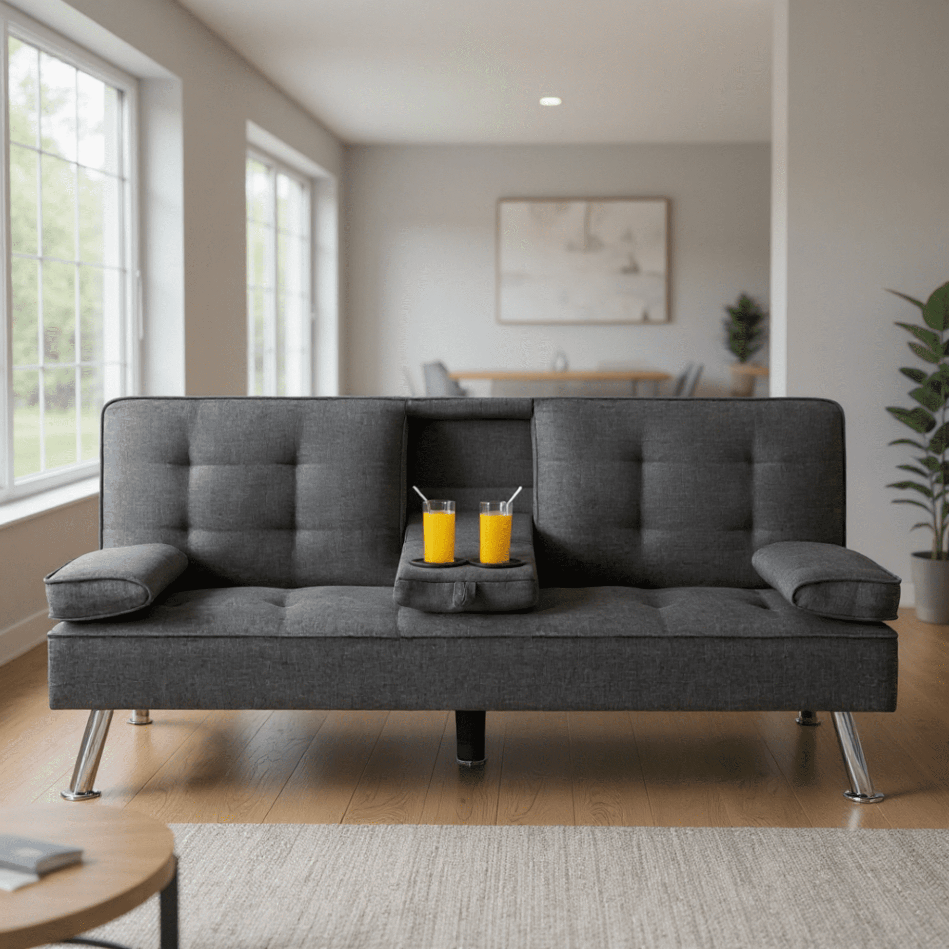 Gewnee 65.3-inch Foldable Sofa Bed, Adjustable Recliner Angle, with 2 Cup Holders, Metal Chrome Legs, Suitable for Living Room/Guest Room/Office