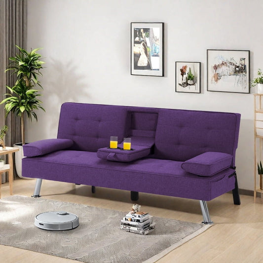 Gewnee Modern Futon Sleeper Sofa Bed Convertible Folding Recliner Couch Furniture with 2 Cup Holders for Livin g Room