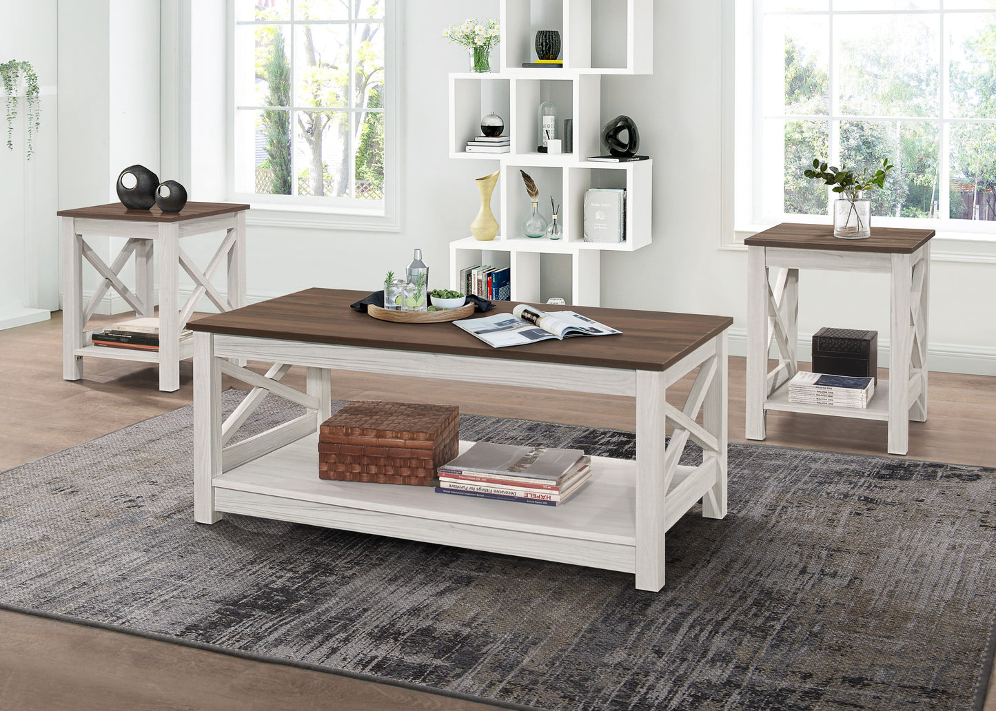 Home Design Wayne 3-Piece Coffee Table Set with 1 Rectangular Coffee Table and 2 Square End Tables, X-Shaped Side Design with Open Shelf for Living Room, Natural Oak/Black