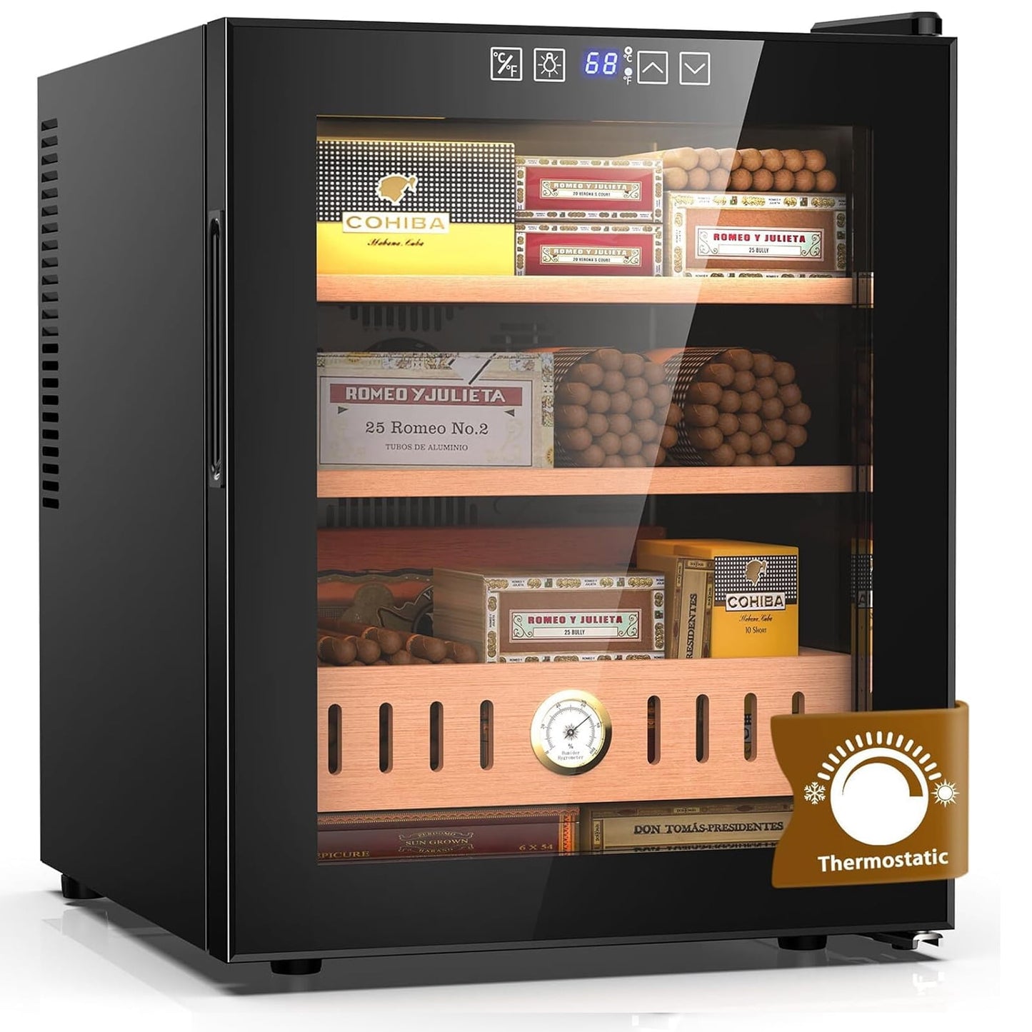 Joreek 50L Cigar Cooler Humidor with Temp Heating, Thermostatic Electric Humidor with Spanish Cedar Wood Shelves Digital Hygrometer Displays 300 Counts