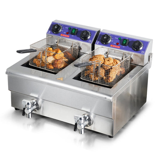 KFFKFF 3000W 2-Basket Commercial Electric Deep Fryer, Stainless Steel