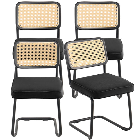 KFFKFF Wicker Dining Chair Quartet, Contemporary Era Velvet Seating, Rattan Backrest Accent Chair, Vintage Kitchen and Dining Room Chair for Lounge, Sleeping Quarters, Workspace (18.1 Inch)