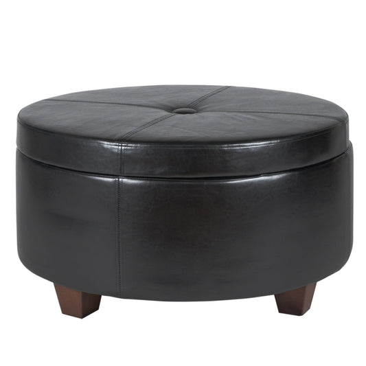 Leatherette Single Button Tufted Round Ottoman with Wooden Feet Large Black and Brown - Saltoro Sherpi