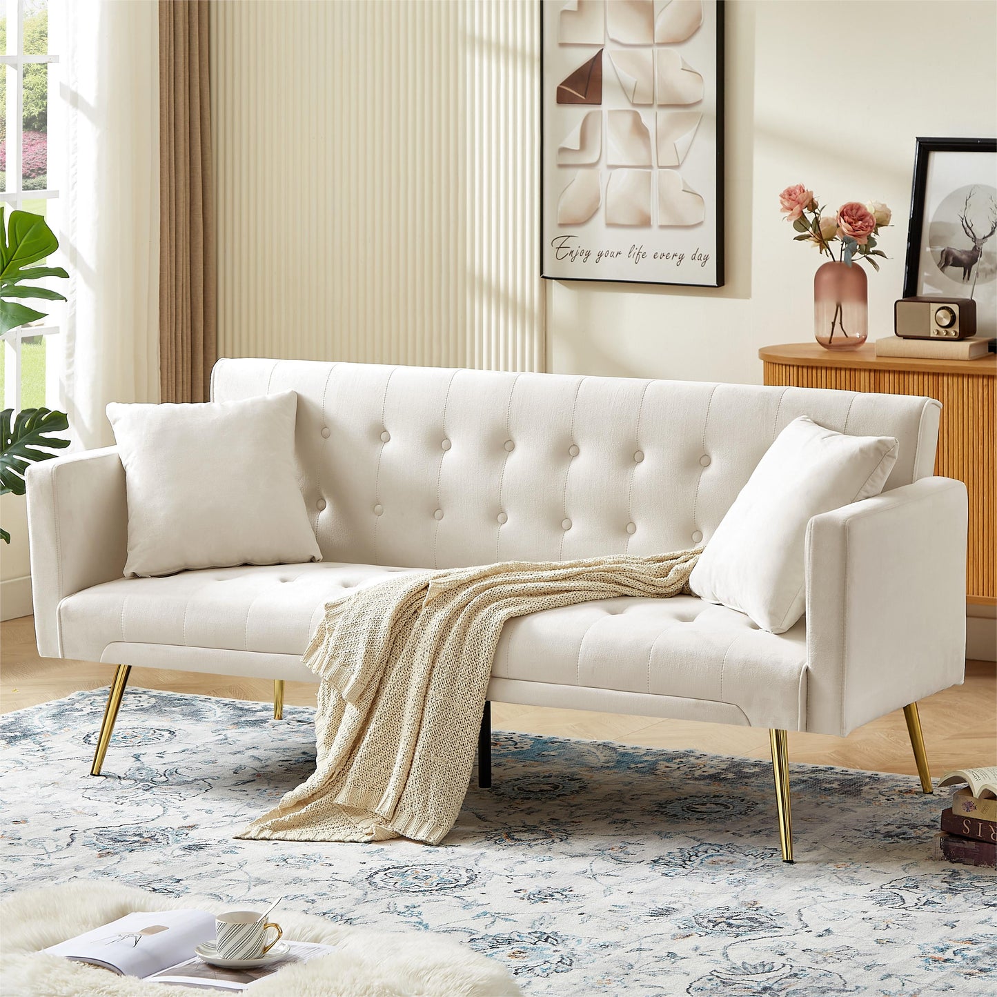 Leumius Velvet Futon Sofa Bed Mid-Century Modern Adjustable Backrest with Pillows, Gray/Gold