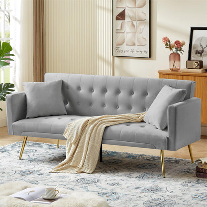Leumius Velvet Futon Sofa Bed Mid-Century Modern Adjustable Backrest with Pillows, Gray/Gold