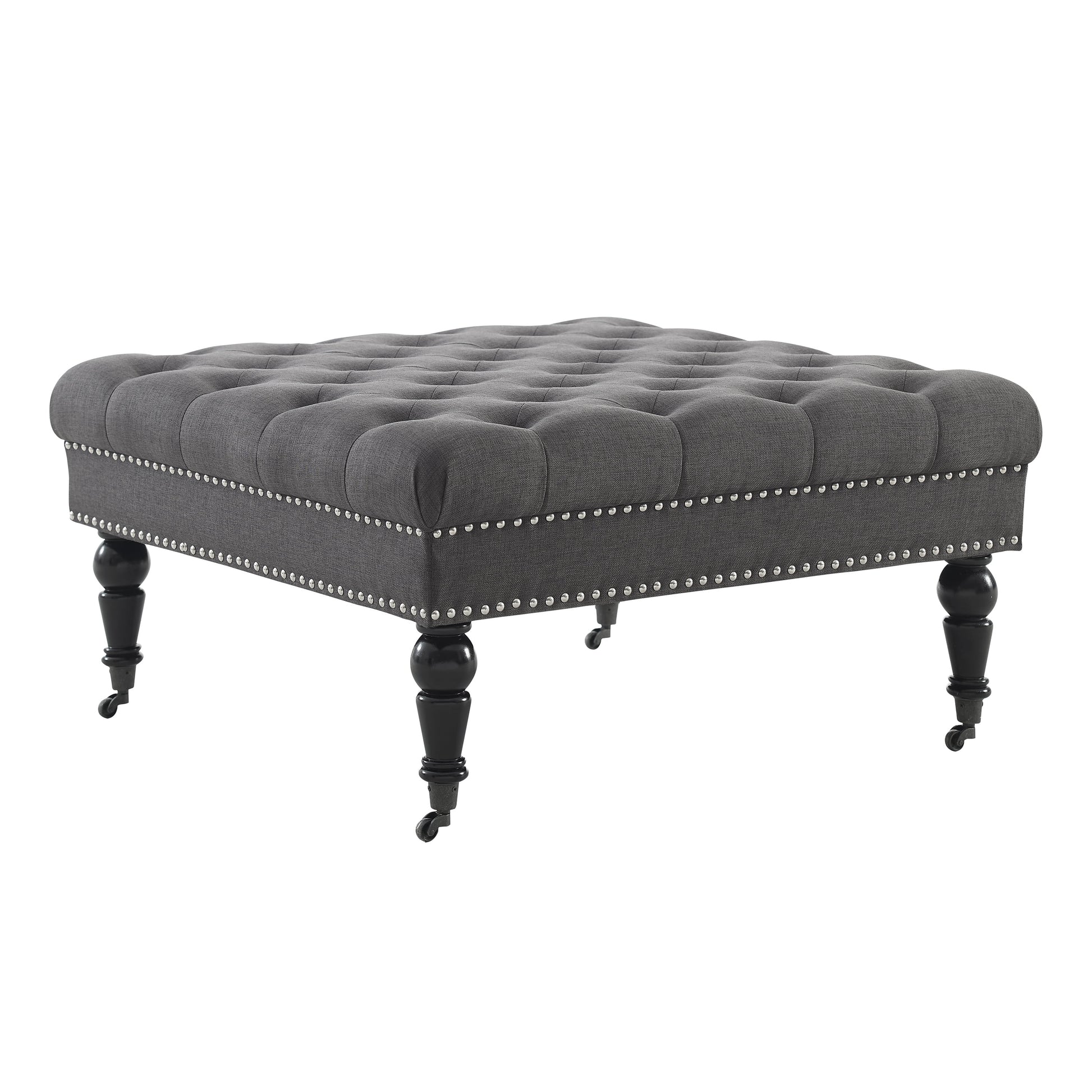 Linon Kacie Square Button Tufted Ottoman, Black/Charcoal Linen