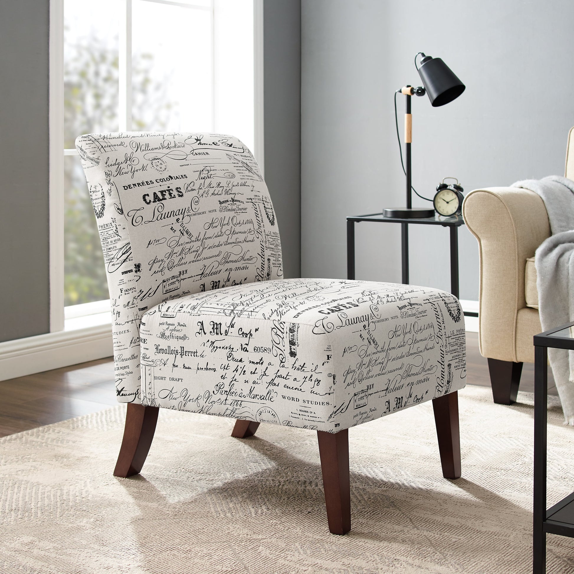 Linon Lily Upholstered Armless Accent Chair in Cream/Black Script Printed Fabric
