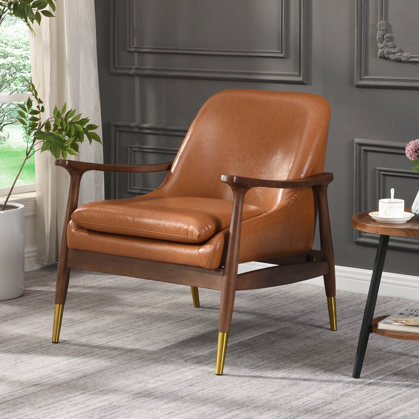 Modern Brown PU Leather and Rubberwood Lounge Arm Chair