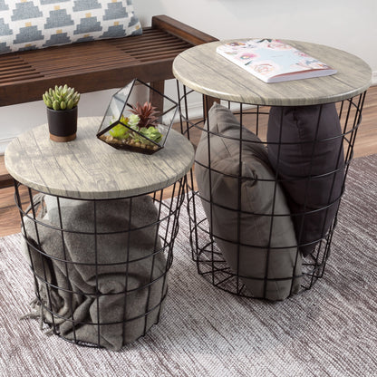 Nesting Side Tables With Storage - Set of 2 Gray Basket End Tables With Wooden Tops by Lav