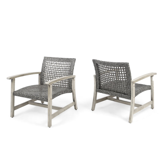 Noble House Camdyn Antique Polyethylene Wicker Outdoor Acacia Wood Club Chair Gray (Set of 2)