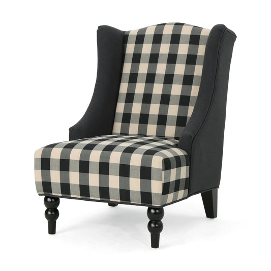 Noble House Charles Fabric High-Back Wingback Chair, Black Checkerboard