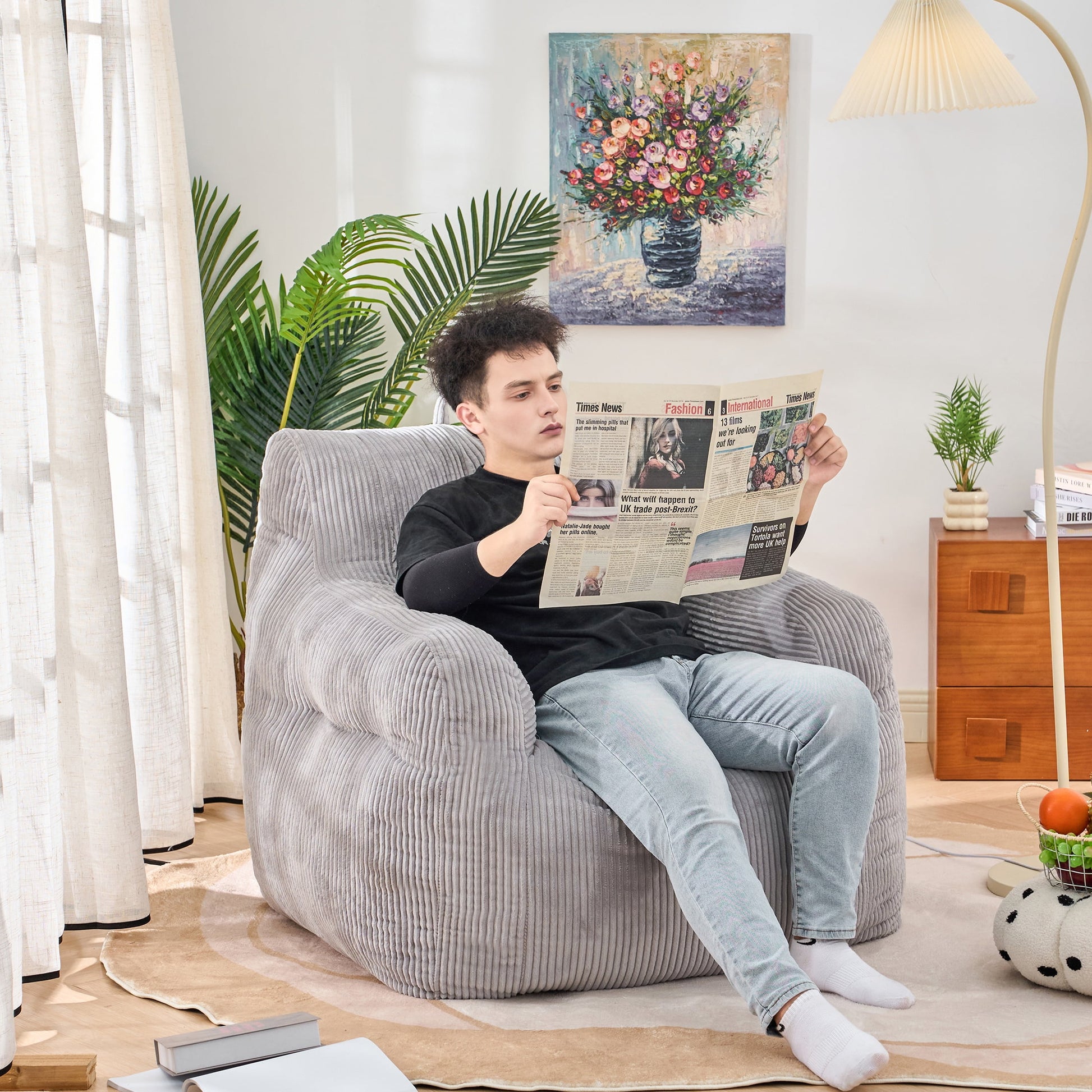 PORKISS Bean Bag Chairs for Adults, Soft Lazy Sofa with Corduroy Fabric for Dorm Bedroom Living Room, Single Leisure Accent Sofa Chair for Adults Teens, Gray