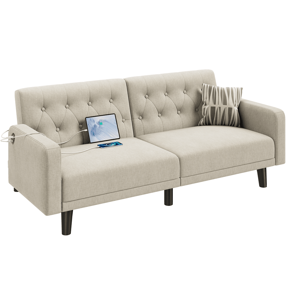 Renwick 63in Convertible Futon Sofa Bed with USB Ports for Living Room, Dark Gray