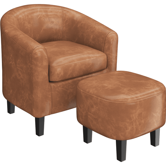 Renwick Barrel Accent Chair with Ottoman, Brown Faux Leather