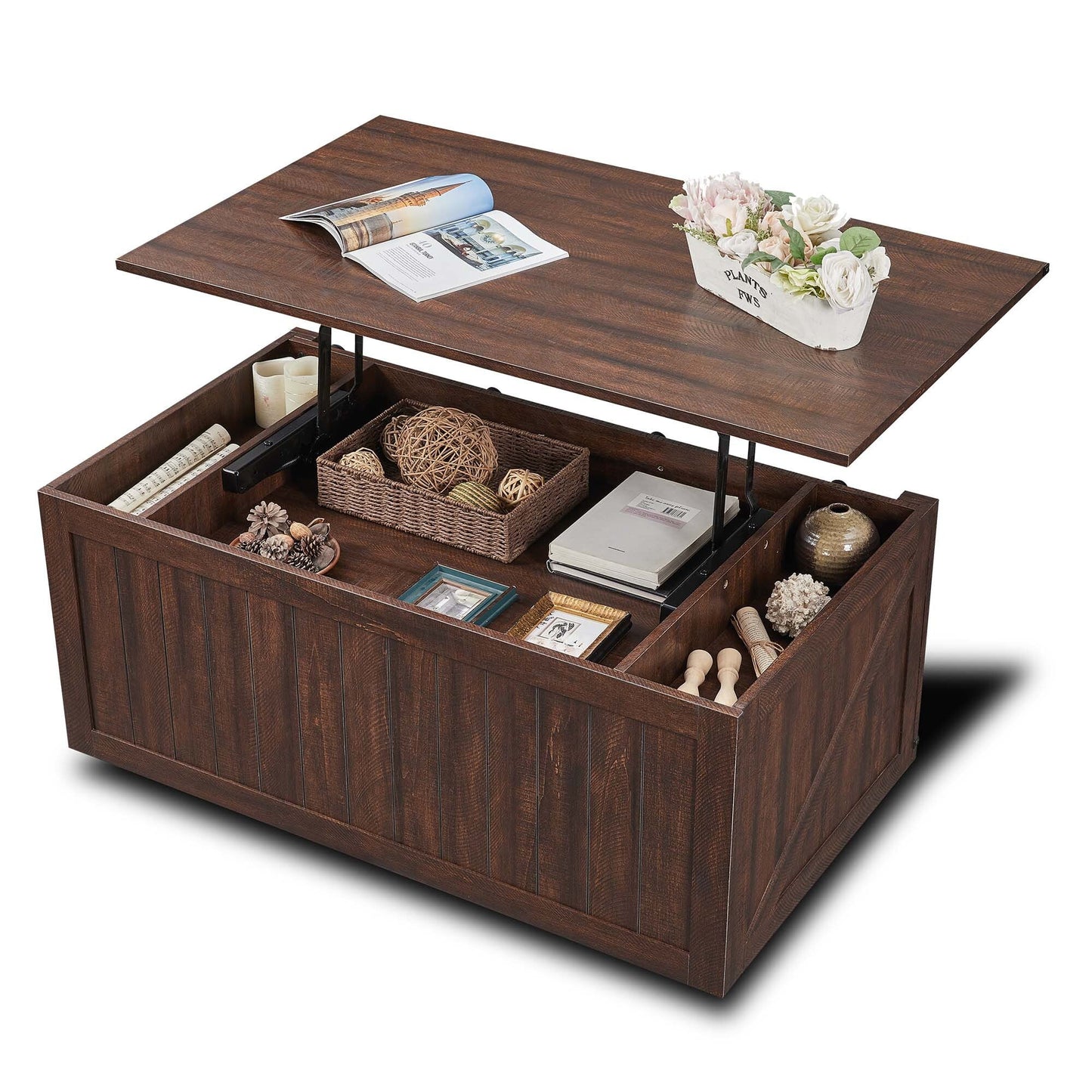 SinCiDo Farmhouse Coffee Table with Storage for Living Room, Lift Top Coffee Table w/Sliding Groove Barn Door