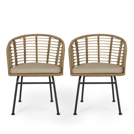 Sonnette Wicker Outdoor Chair with Water Resistant Cushion, Set of 2, Light Brown and Beige