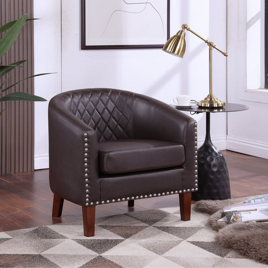 TrumanPick Accent Chair, Faux Leather Barrel Chair Cozy Modern Club Chair with Soft Padded and Solid Wood Legs for Living Room/Bedroom/Waiting Room, Brown
