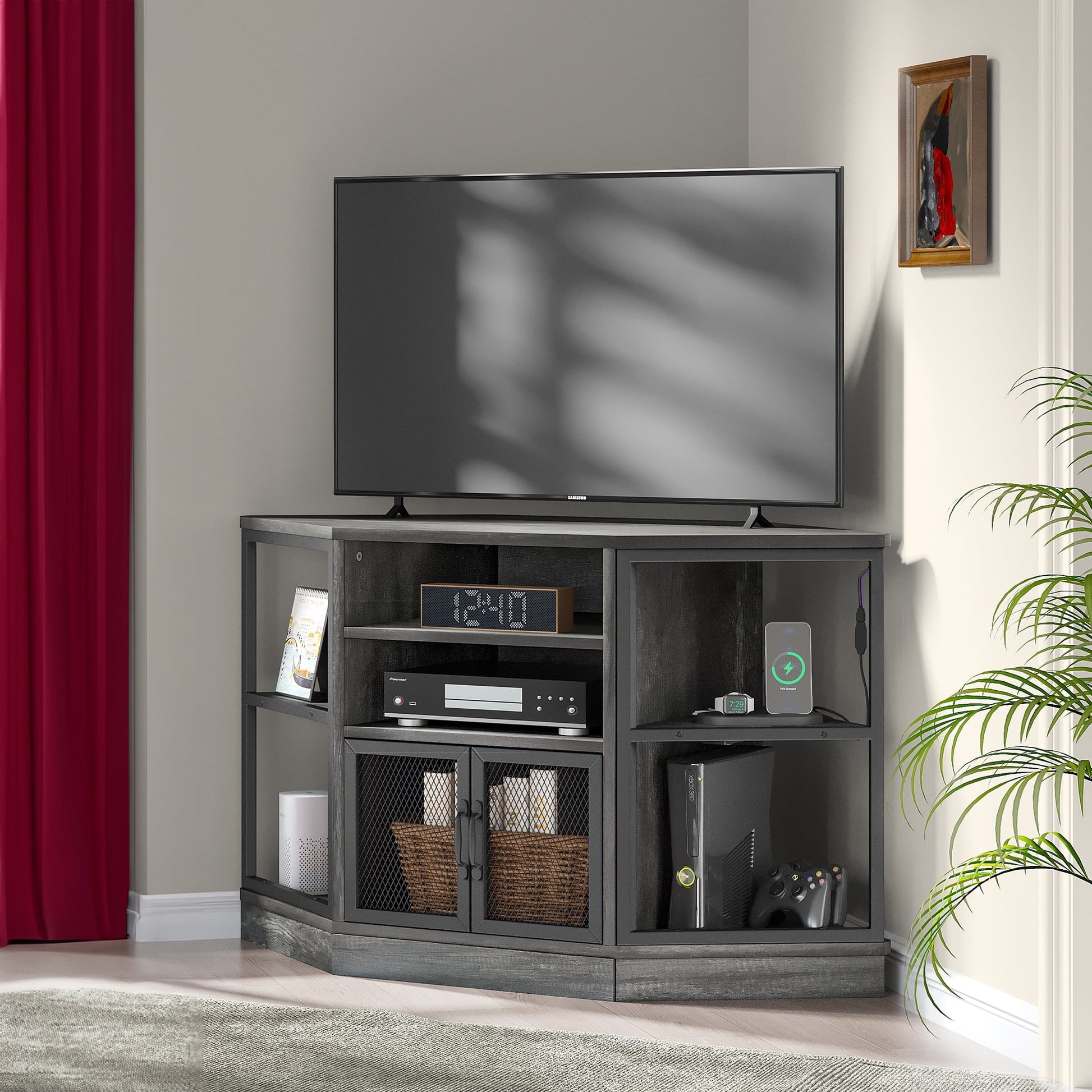 Uforic Corner TV Stand, LED-Lit Entertainment Center for TVs up to 55 Inches for Living Room